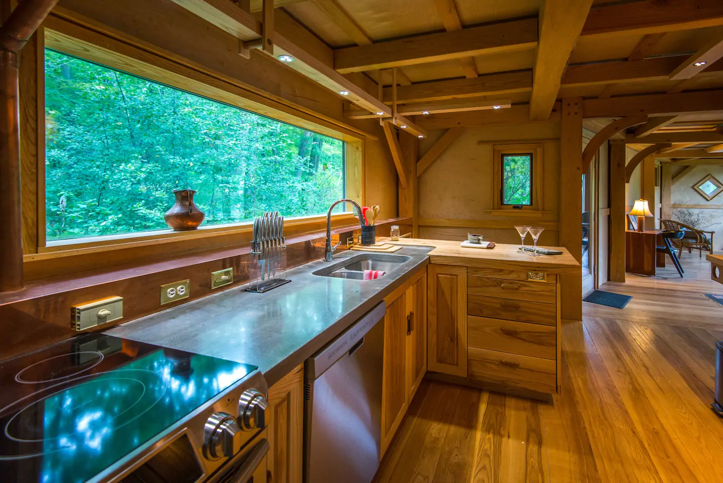 Lakeside Timberframe Cabin kitchen with gorgeous outdoor views