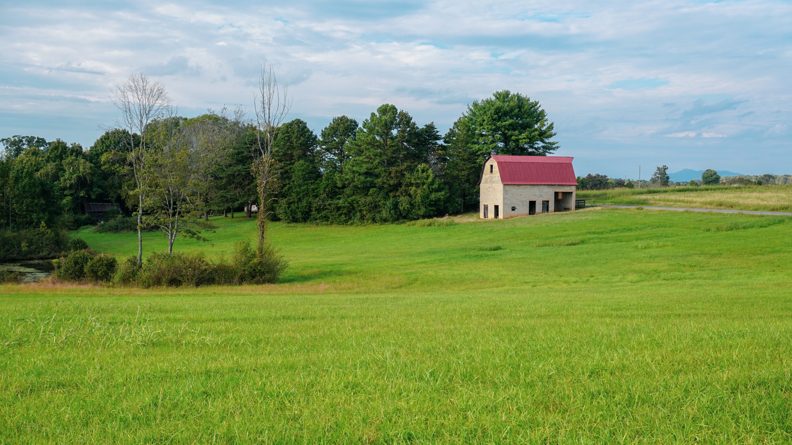 cute white barn with red roof in the Virginia countryside surrounded by lush green grass.