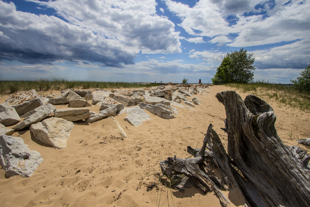 Manistique Beach in upper Michigan with driftwood and rocks.