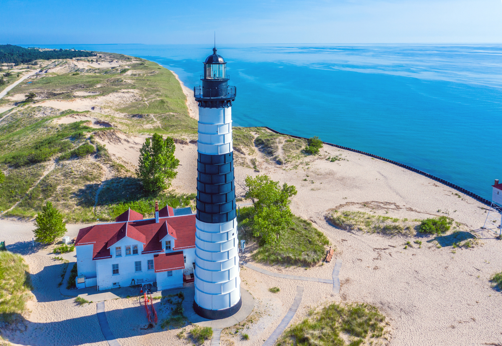 Aerial View Of Big Sable Point Lighthouse Near Ludington Michigan;