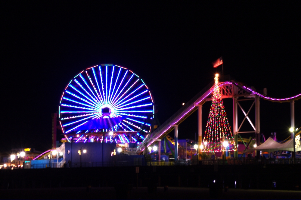 Santa Monica pier lit up with a Christmas Tree