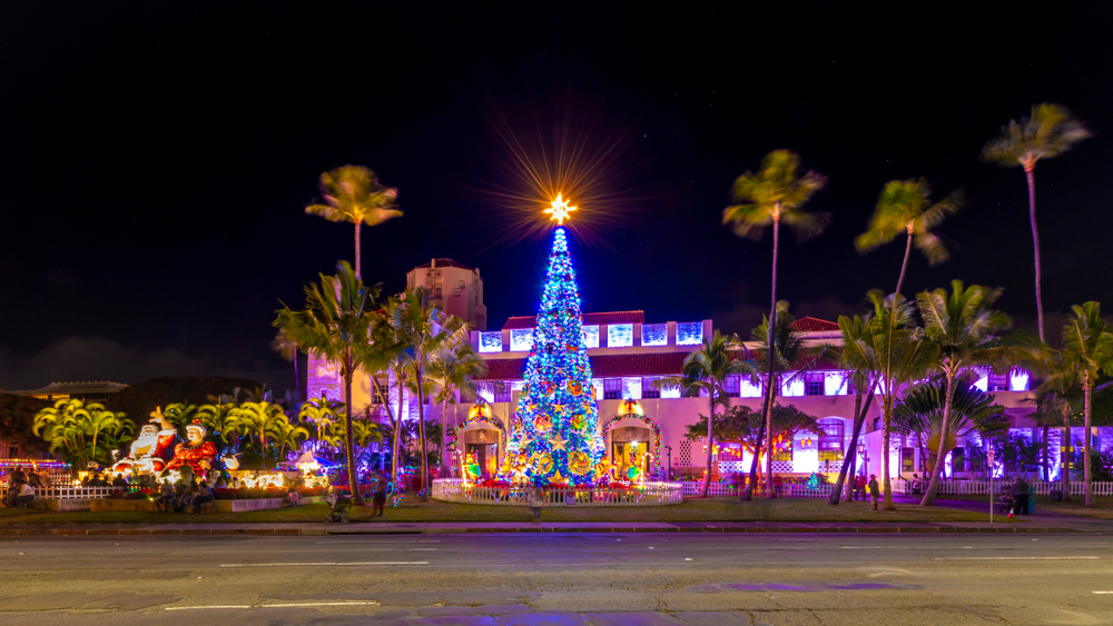 A Christmas tree surrounded by palm trees in Oahu one of the Christmas vacations in the USA