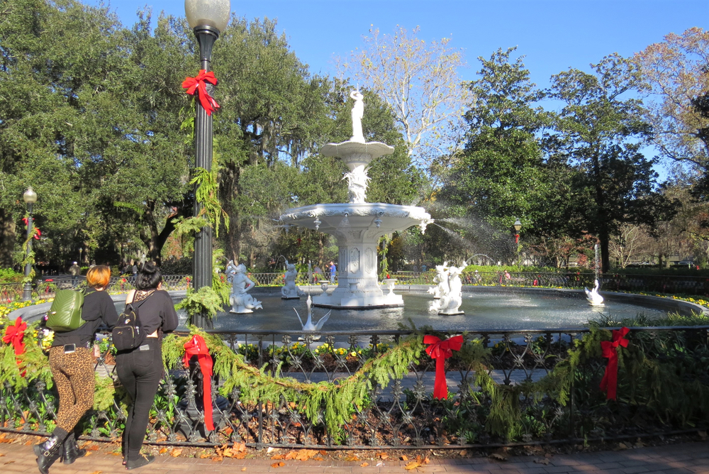 Fountain in Forsyth Park Savannah covered in Christmas decorations