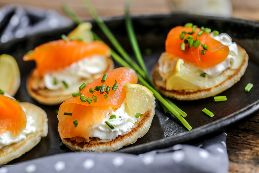 Blinis with Smoked Salmon Whipped Lemon Cream and Chive
