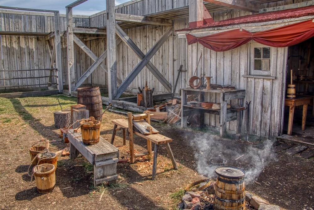 Fort Union Trading Post National Historic Site showing an outside area of benches and buckets. 