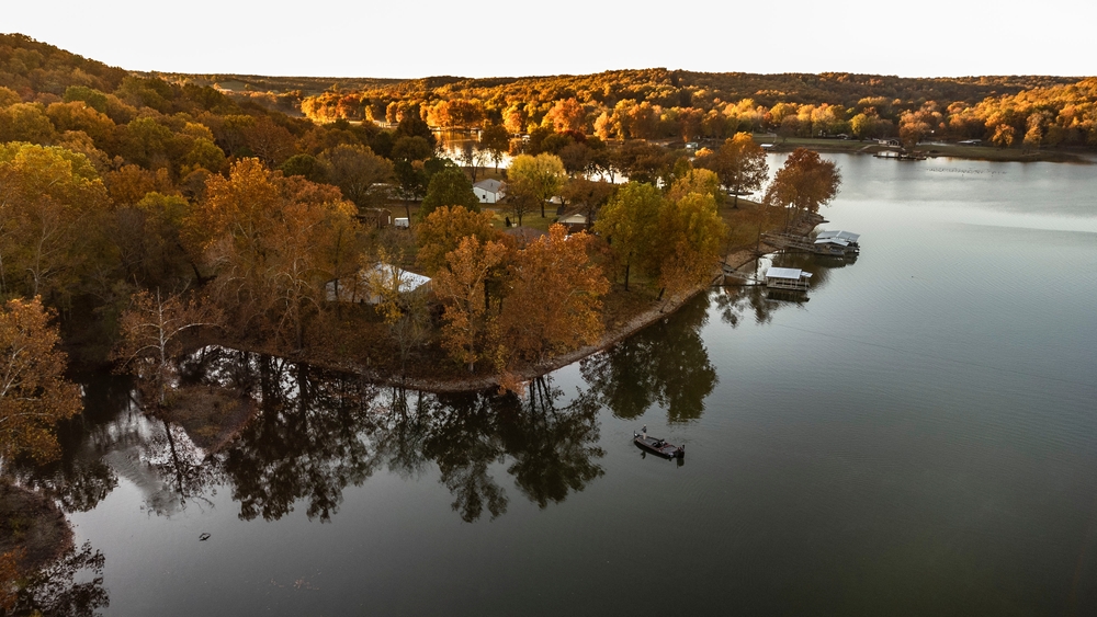 Fall sunrise on grand lake in oklahoma. Photo taken with drone.