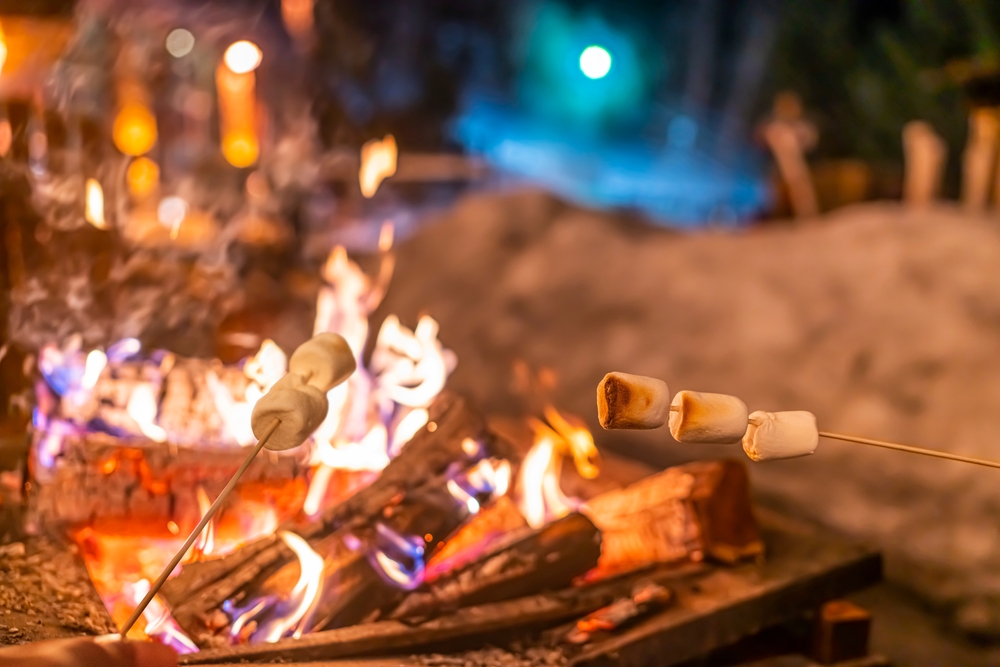 Winter fire pit campfire people roasting marshmallows over firepit. 