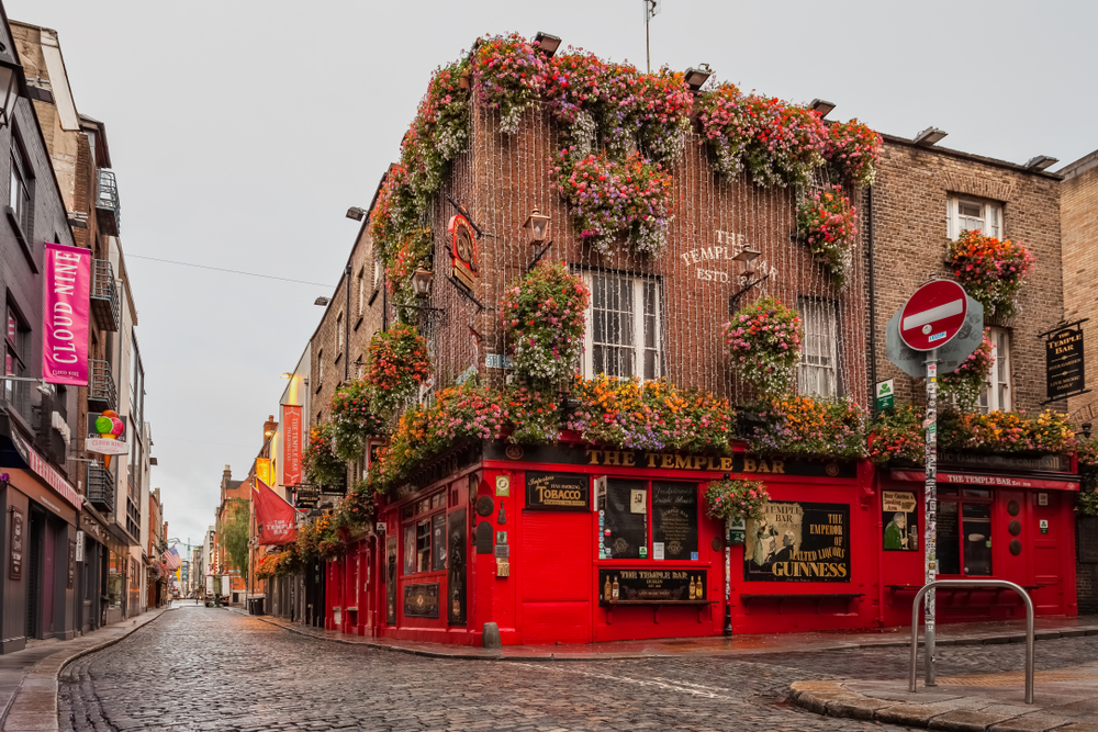 The Temple Bar Pub, one of the most photographed pubs in Dublin, early in the morning with gray skies