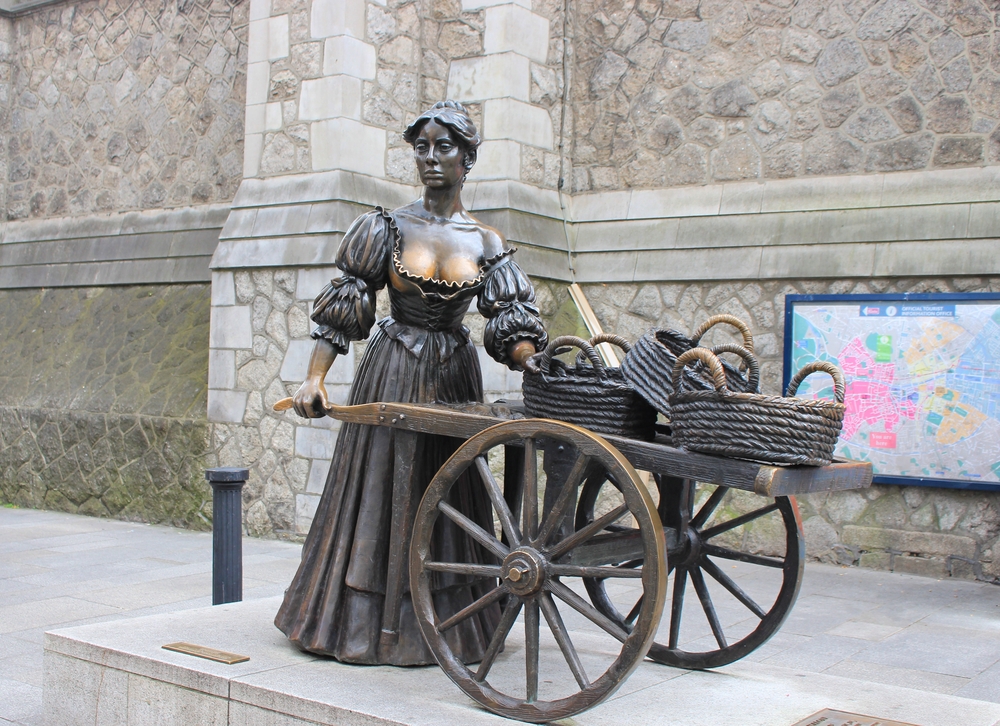 Molly Malone Statue a woman pushing a barrow with baskets on. somethign to visit on one day to Dublin. 
