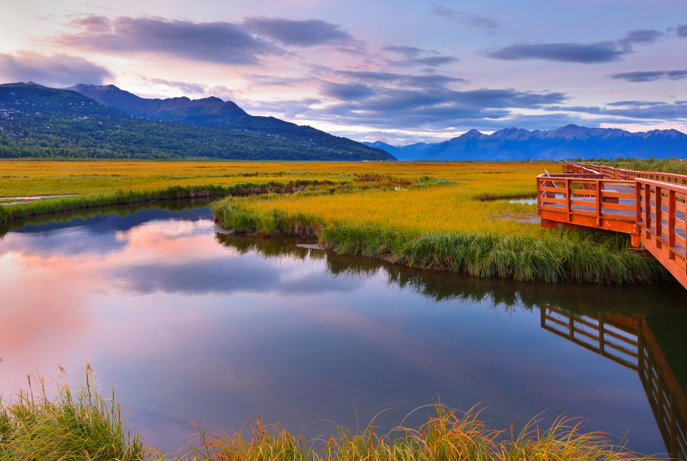 sun rising over a marshy area with a wooden walkway anchorage to seward