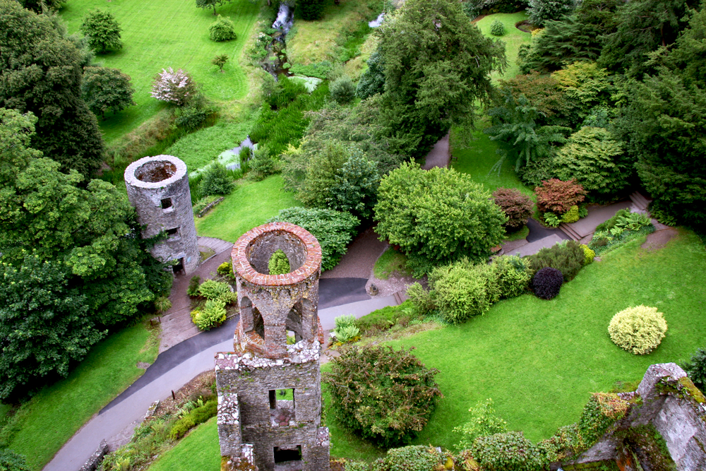 aerial view of an old tower and trees in a garden
