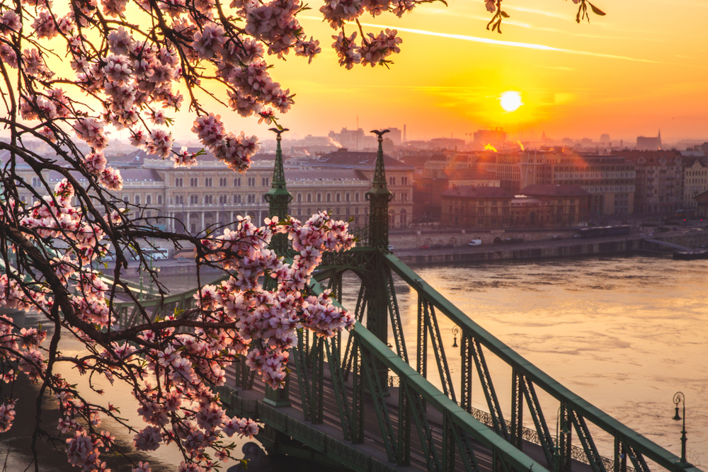 sun over the city beside a river and a green bridge traveling to budapest