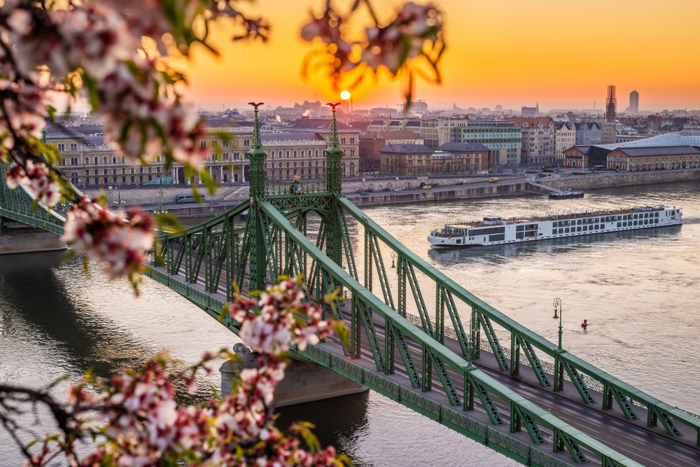 spring flowers in front of a bridge over a river with a big ship beside a city 2 days in budapest