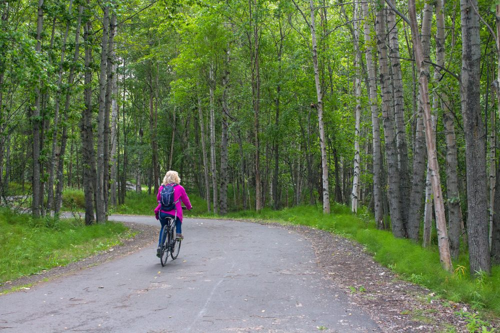 girl in pink jacket cycling on a road flanked by trees on both sides things to do in anchorage