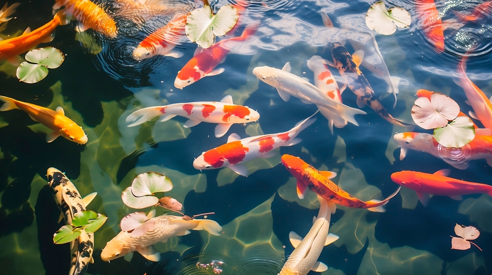 white and orange colored fishes swimming in a pond