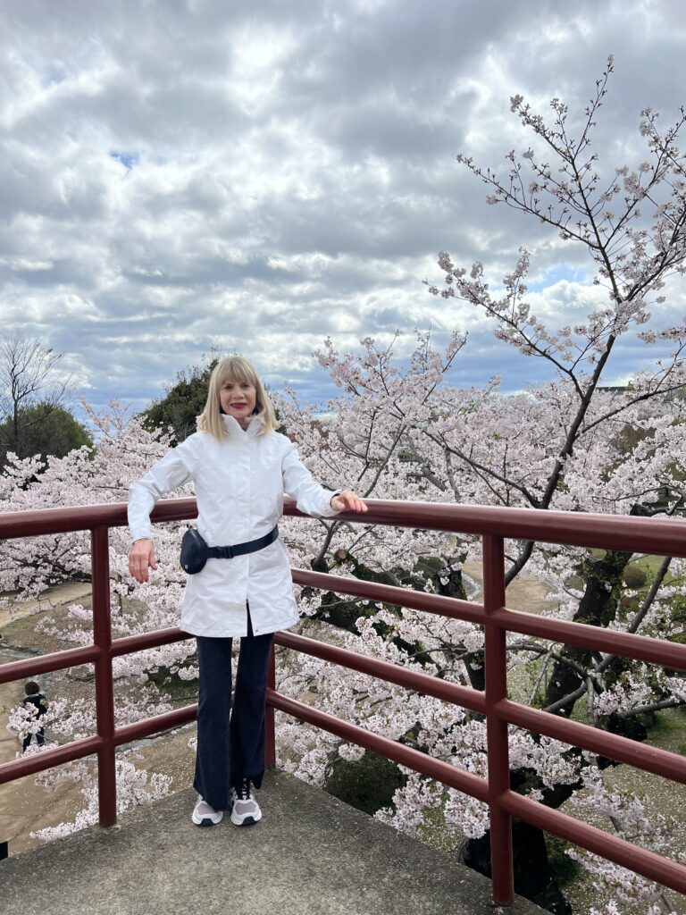 girl in white coat and black jeans standing in front of cherry blossom tree traveling to Japan