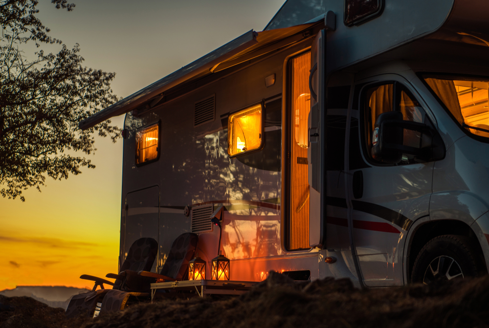 RV camped with lights on camping in the poconos