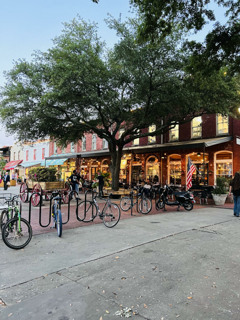 bikes parked in front of a market