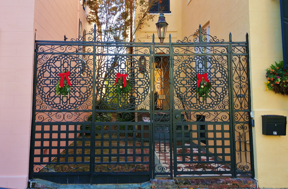 gates covered with christmas decorations