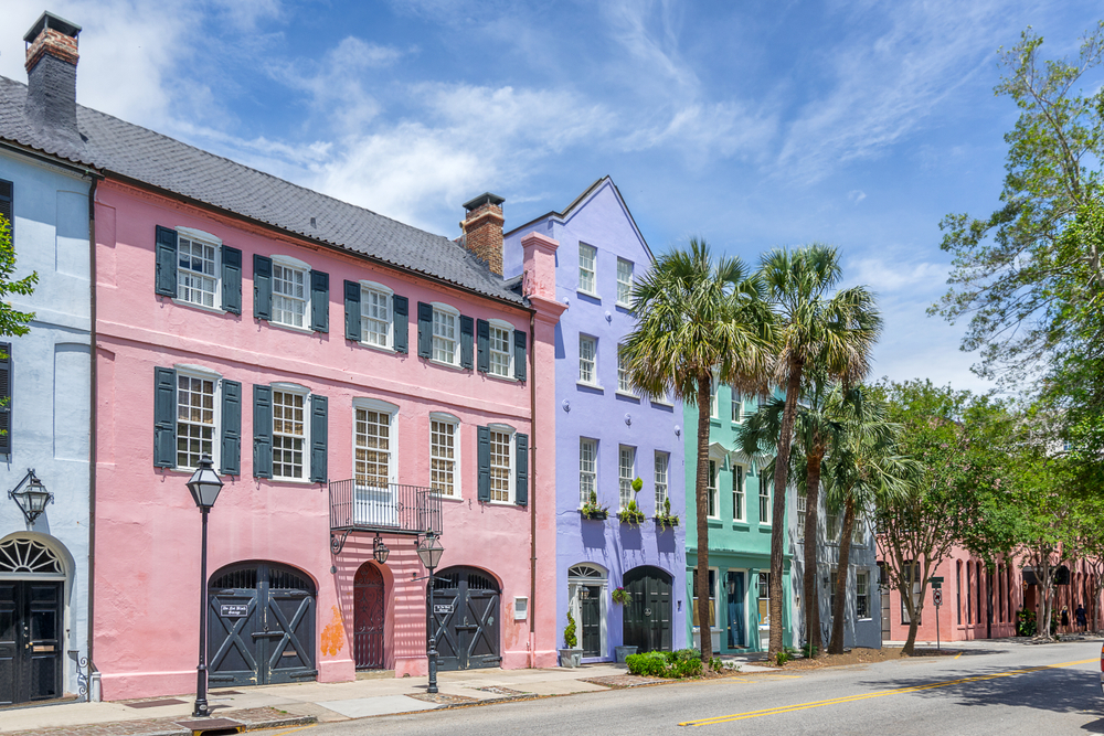 Rainbow Row Charleston South Carolina. A row of colurful houses  