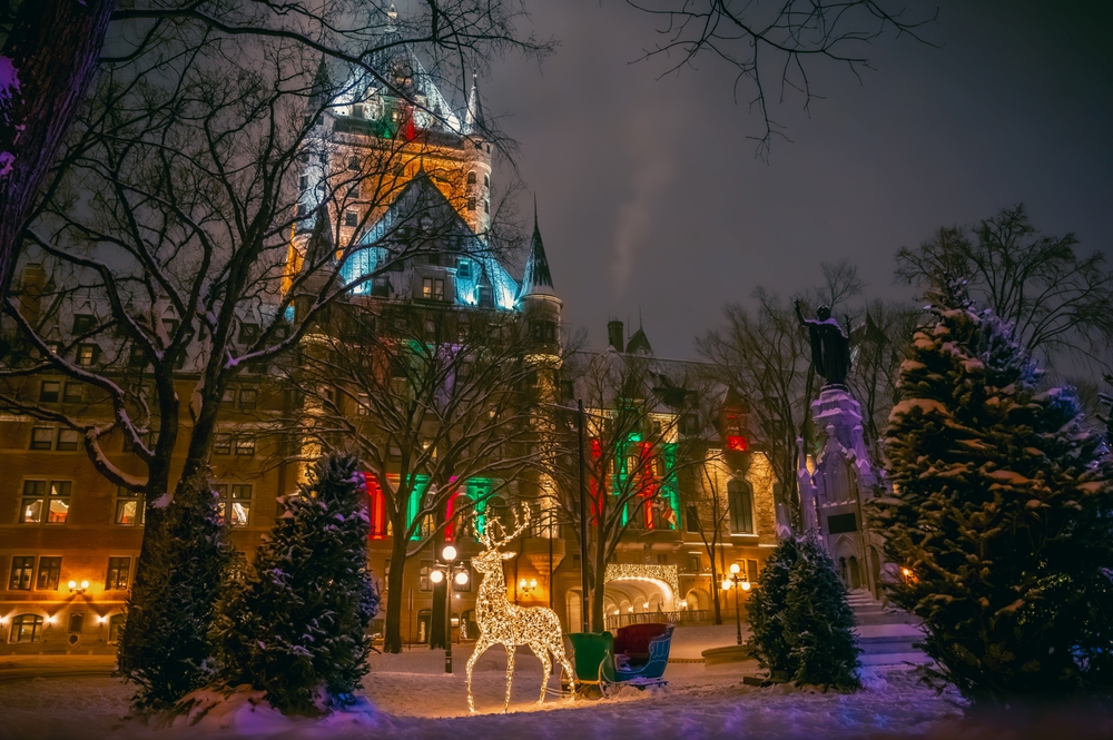 christmas lights on a building with twinkling reindeer outside