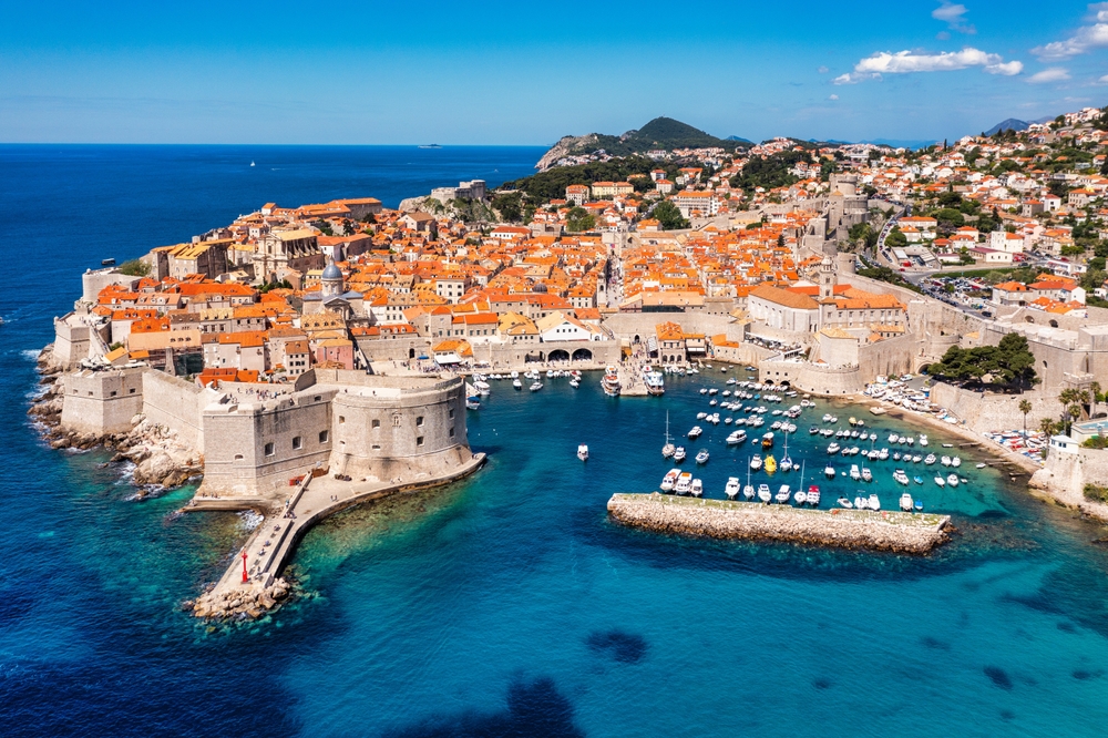 coastal town with orange buildings