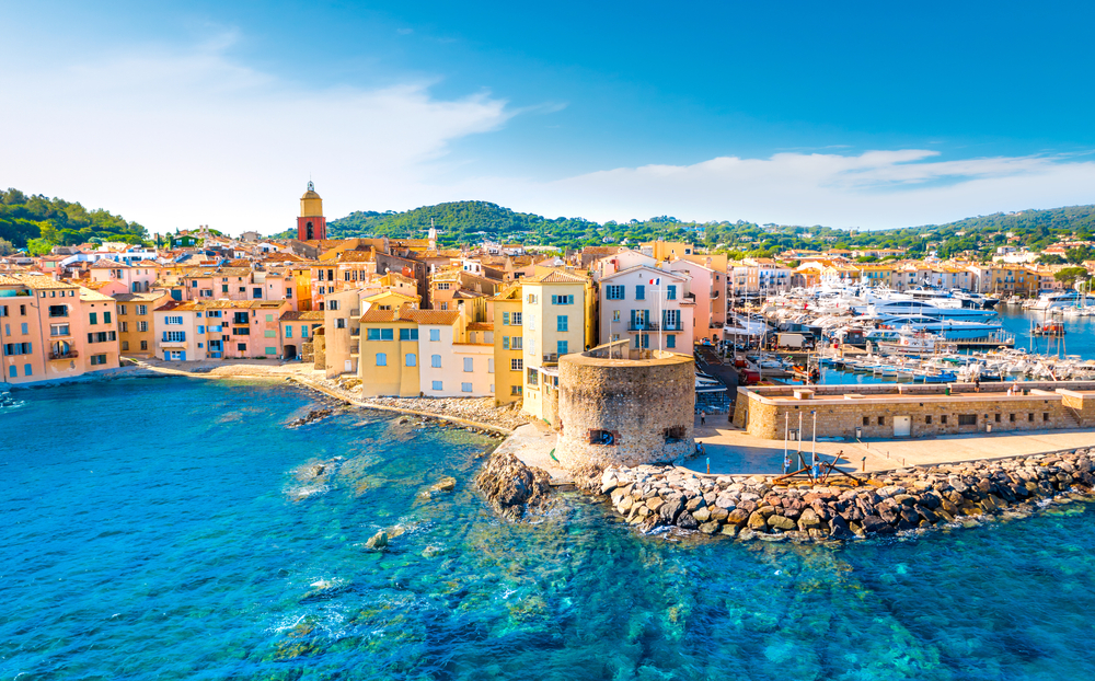 aerial view of a coastal town spring in europe