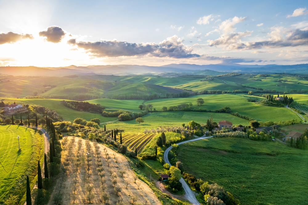 aerial view of rolling green hills