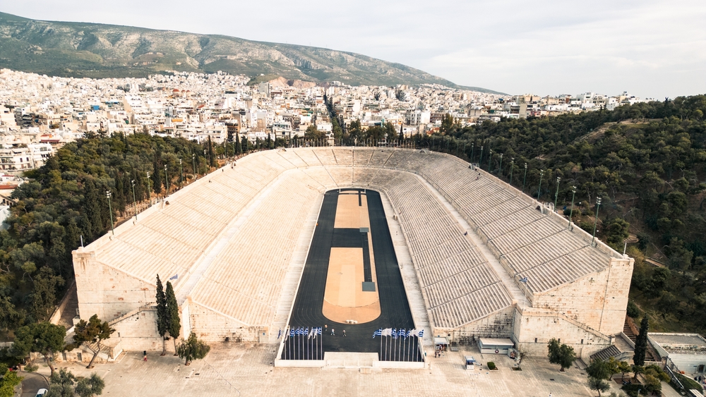drone view of an open air stadium