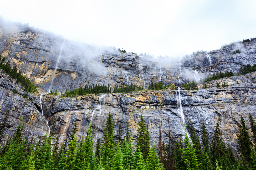 mountain wall with tiny waterfalls icefields parkway