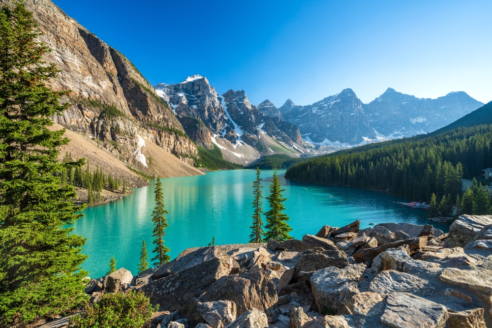 clear blue lake surrounded by mountains and forests
