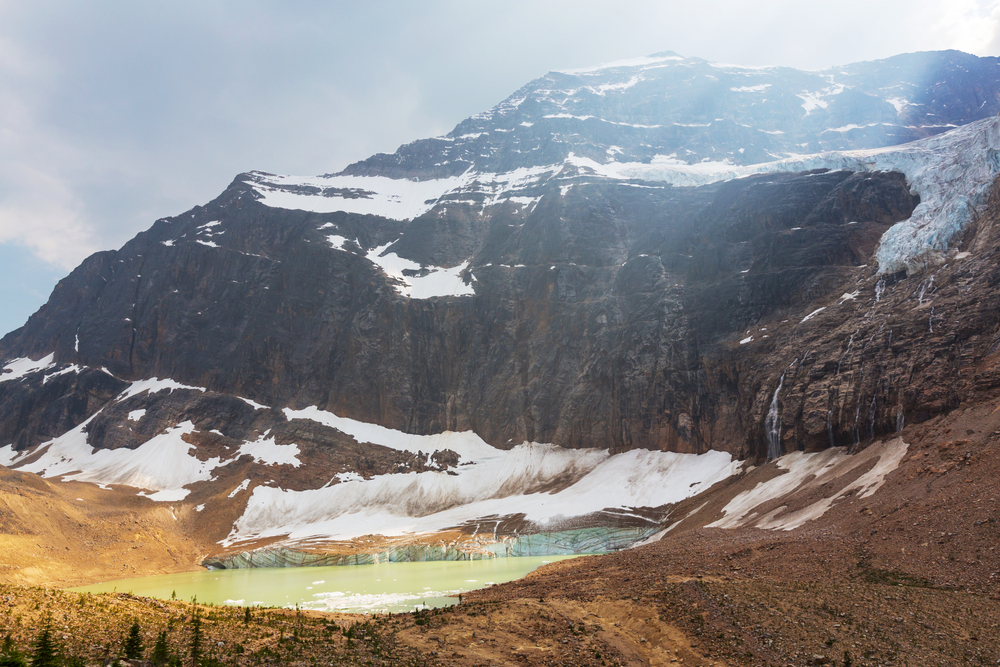 yellow colored lake and snow covered mountain