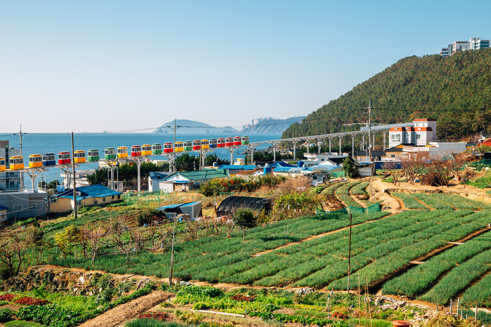 view of a village with farms and sky capsules in the distance