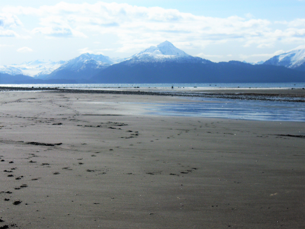 Sandy beach with footprints, snow-capped mountains in background