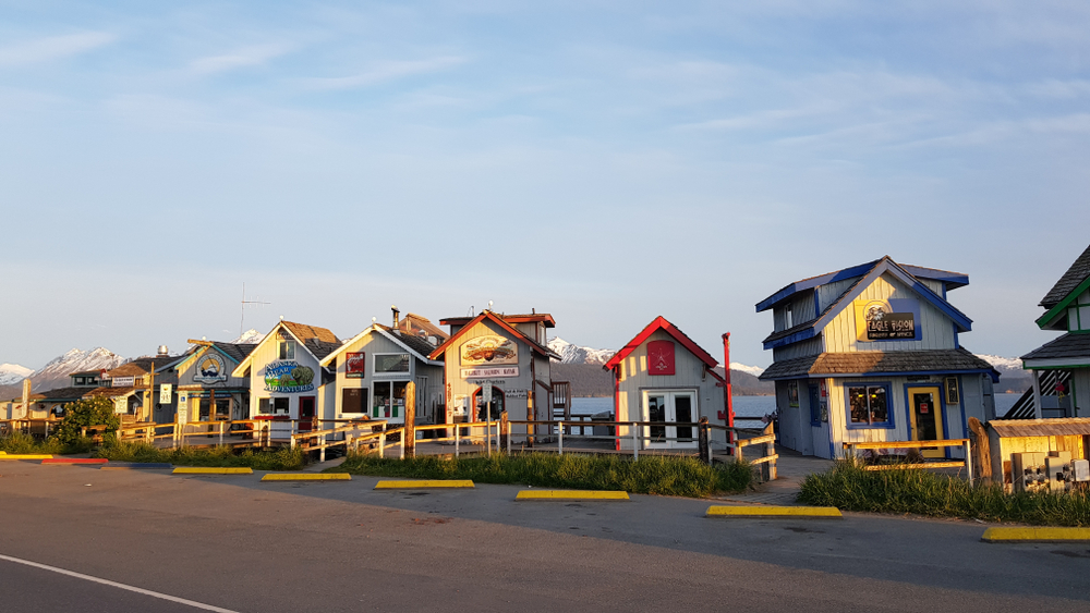 Souvenir shopping is one of the best things to do in Homer.
Colorful buildings sit side-by-side with snow-cqpped mountains in background and road in foreground.