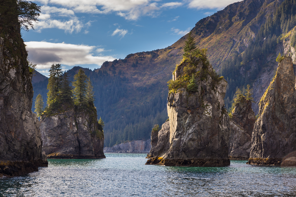 Rock outcroppings in water with evergreen trees on side of mountain in background.