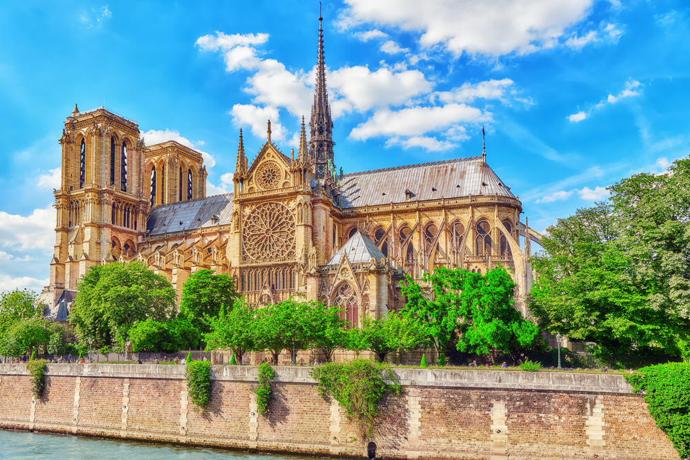 Sunny day over the Gothic Notre Dame Cathedral pre-fire.