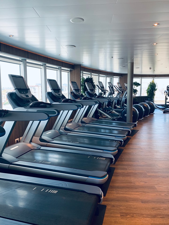 Holland America Mediterranean Cruise Fitness Center with numerous treadmills