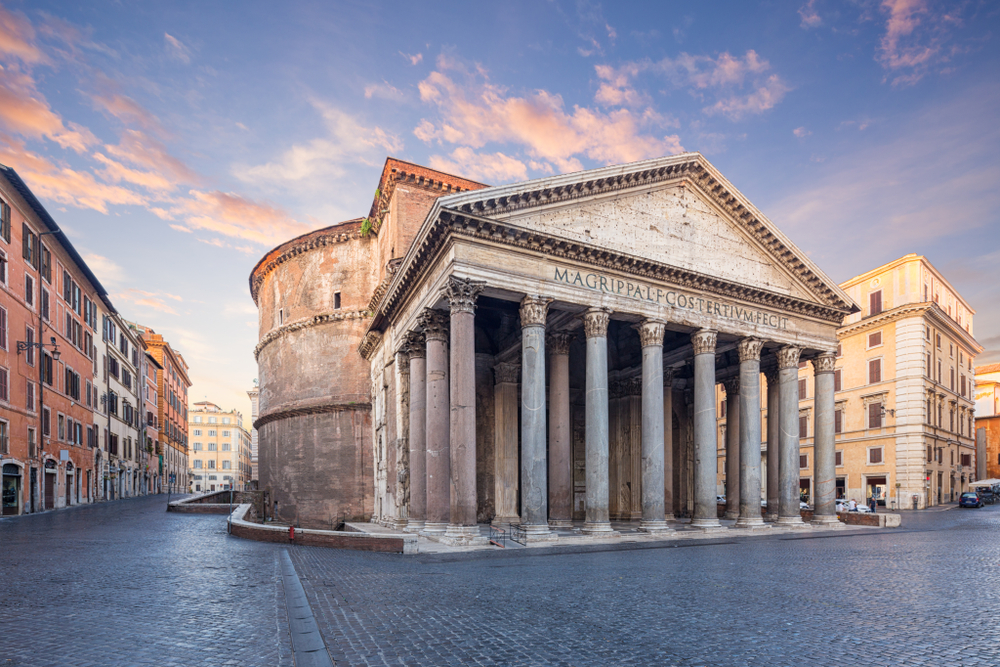 Sunrise over the columned Pantheon in Rome.