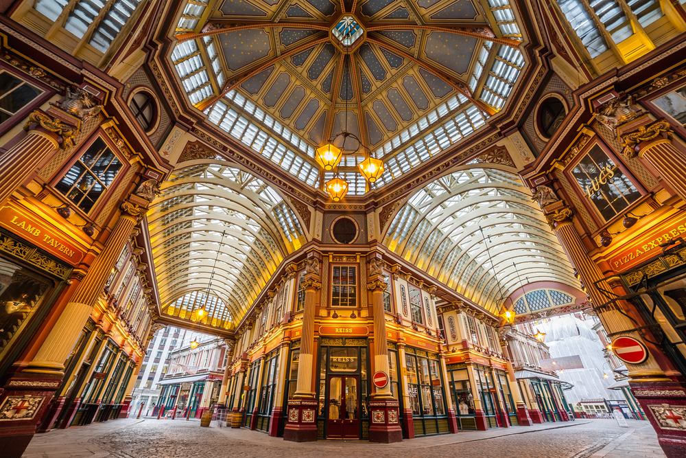 Stunning Leadenhall Market with skylights and arched walkways.