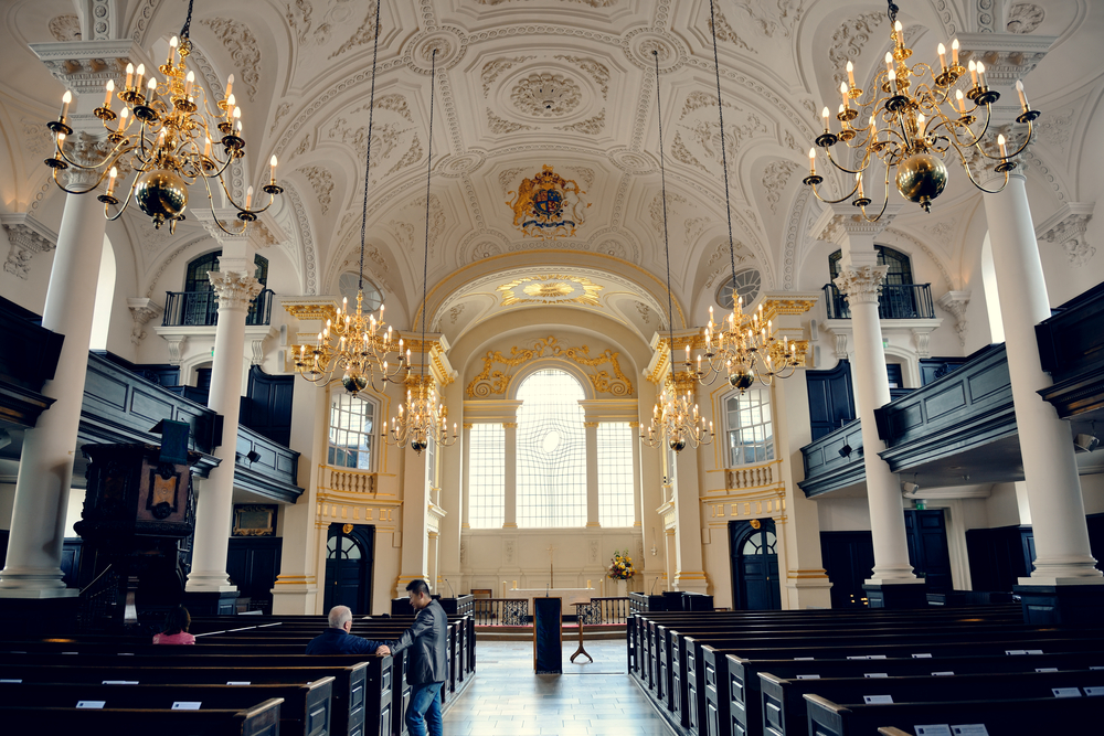 Inside St Martin in the Fields Church with the warped window.