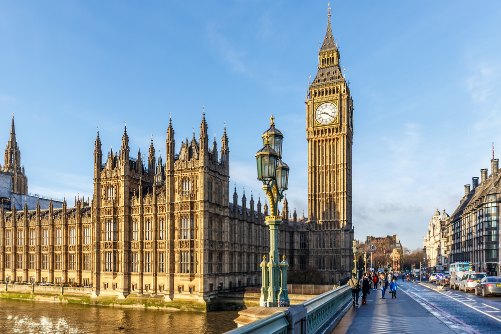 View from the bridge of Parliament and Big Ben on a sunny day.