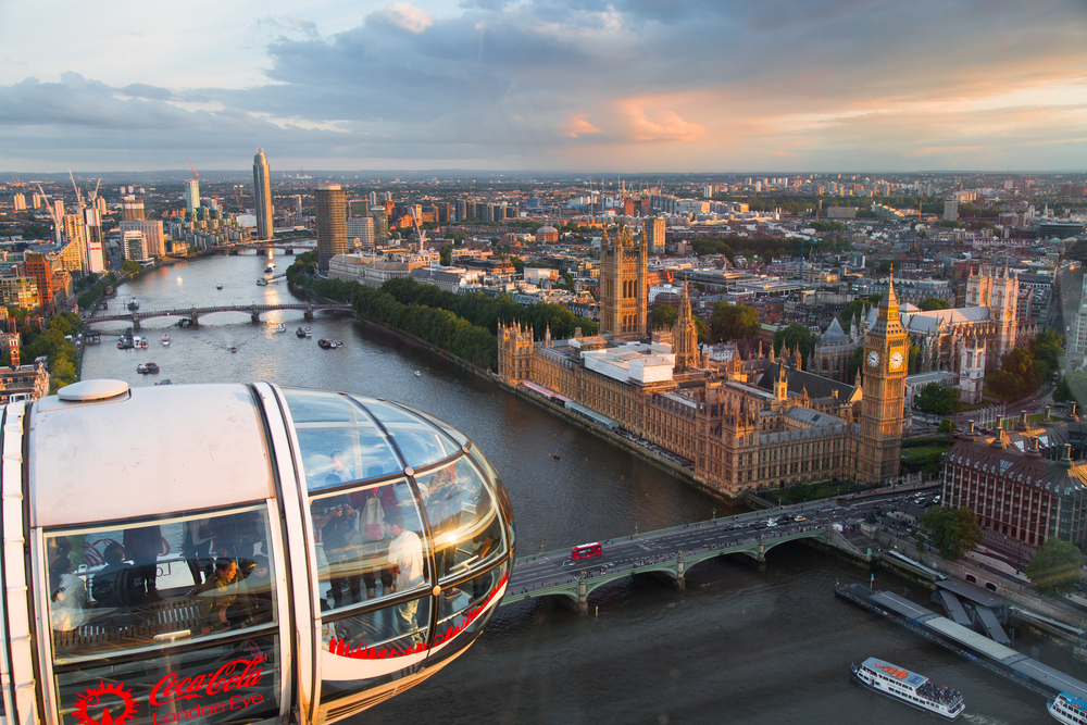 Panoramic sunset view of London from the top of the London Eye Ferris wheel.