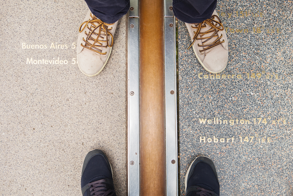 Street down view of two people standing on the Greenwich Meridian.