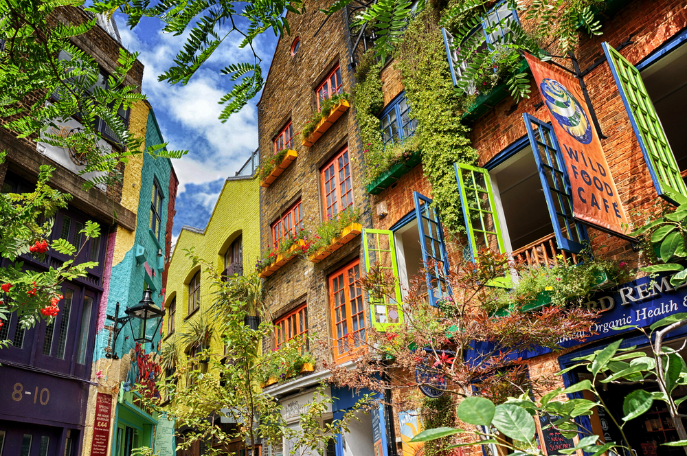 Neal's Yard with brick buildings, colorful windows and lots of plants.