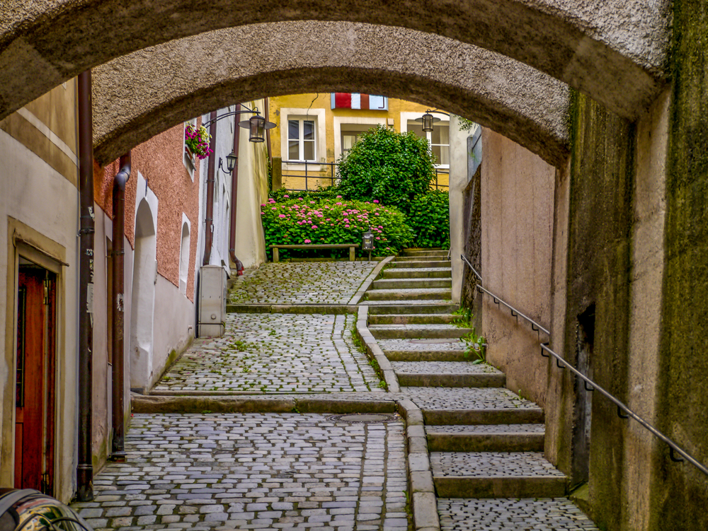 Cobblestone steps going up under arches with bushes at the top.