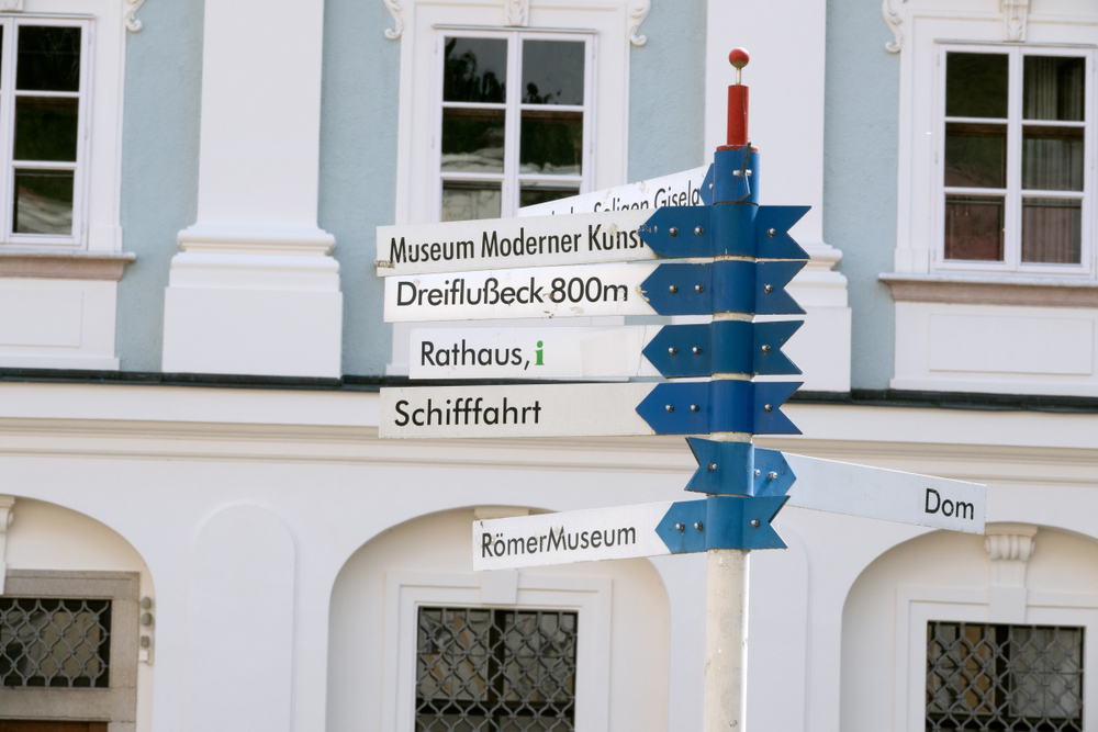 Signs pointing to various attractions in Passau, Germany.