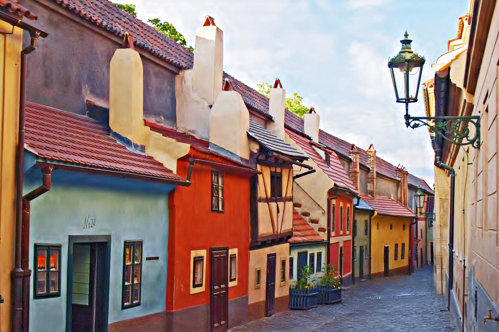 Colorful buildings lining the Golden Lane next to the Prague Castle.