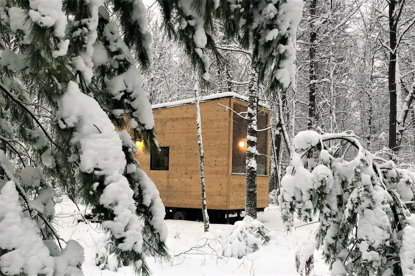 Off grid tiny house in winter in Wisconsin