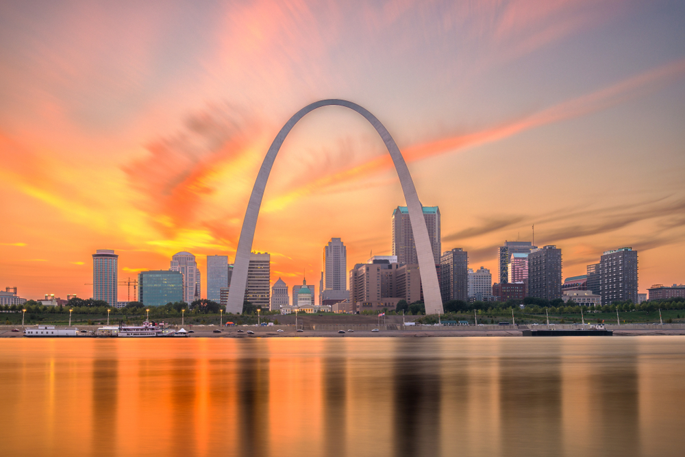 The spectacular Gateway Arch in St. Louis Missouri with the sunset in the background